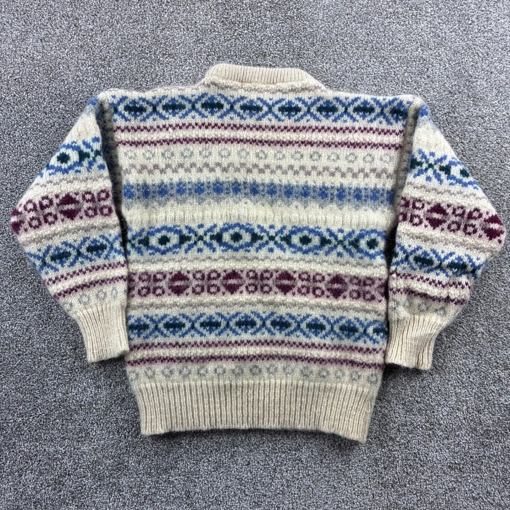 Vintage Woodward Sweater Mens XS Cream Blue Fair Isle Knit Wool Blend SHRUNK - Picture 4 of 5
